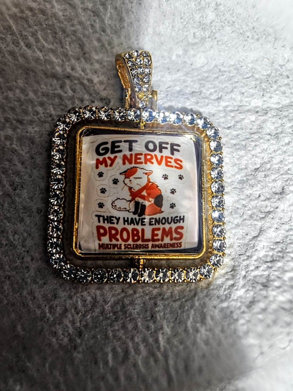 Gold-Tone Rhinestone Square Pendant with M.S. awareness .